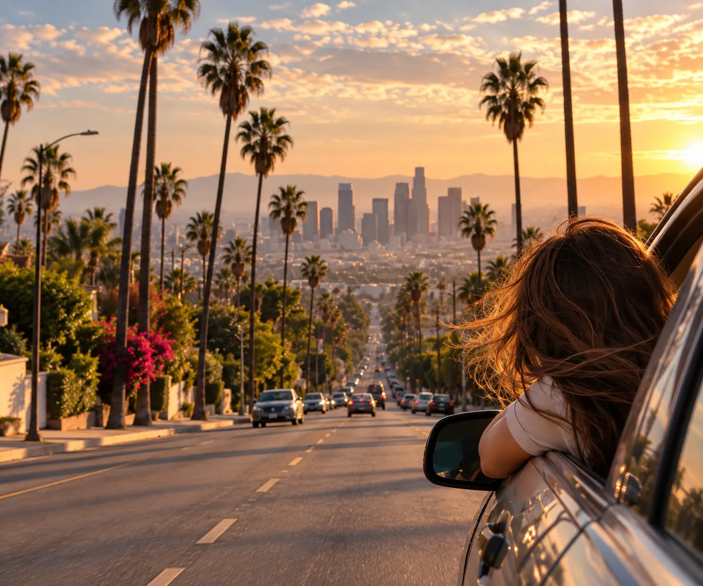 Seen from behind, a woman leans out of a car window on a palm-lined road descending toward the downtown Los Angeles skyline at golden hour