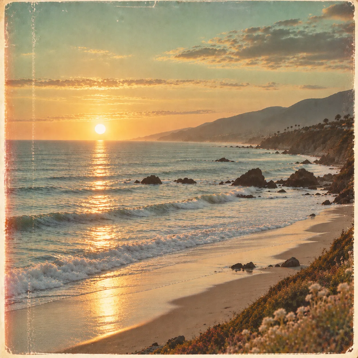 Sunset over the Malibu coastline, waves rolling onto the sand in a faded instant-photo print